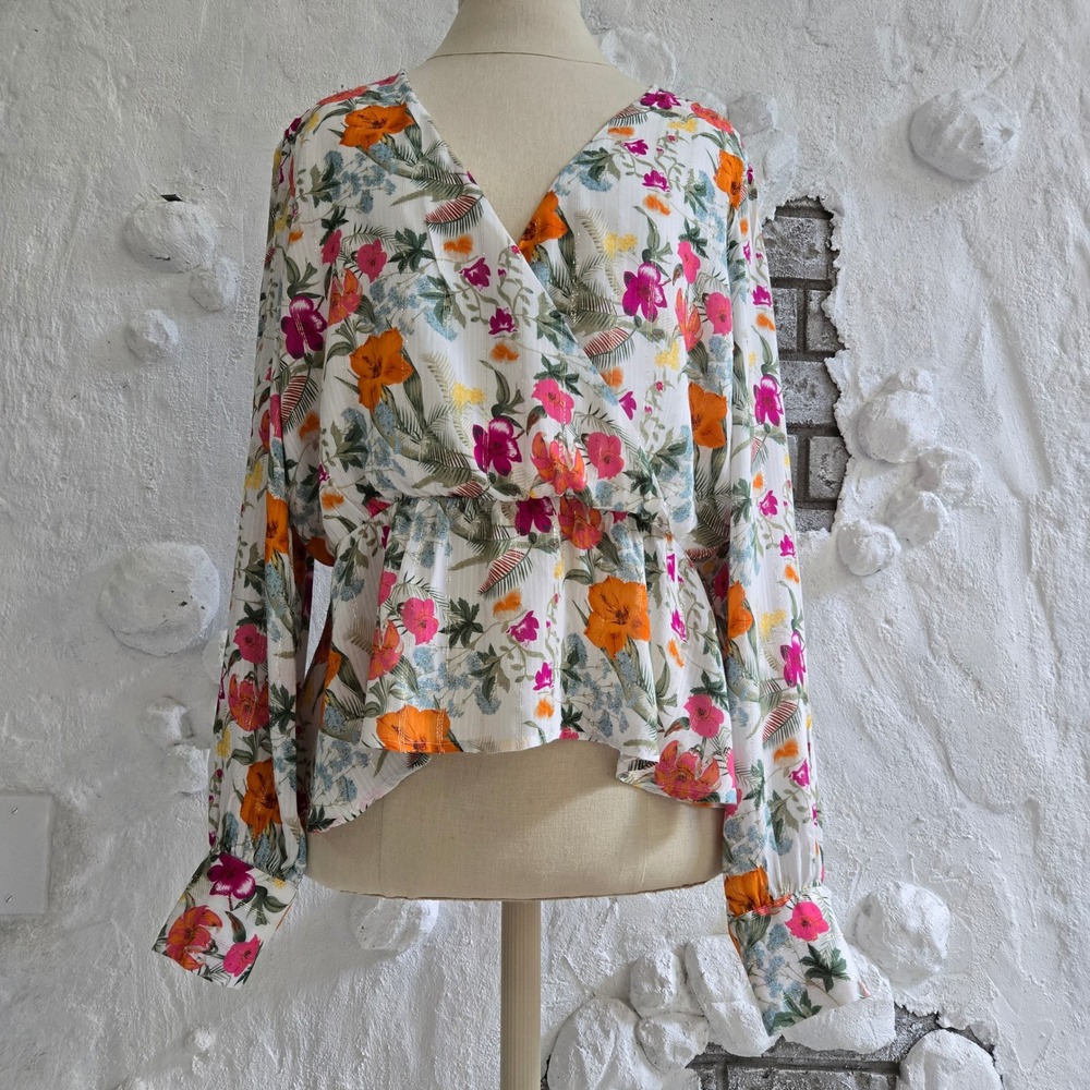 Koko + Mason Floral Wrap Peplum Gold Metallic Pinstripe Long Sleeve Top XL